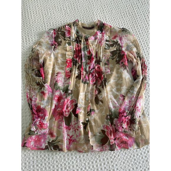 Ranna Gill Small Floral Eden‎ Romantic Ruffle Sequin Beaded Flowy Blouse - Picture 4 of 13